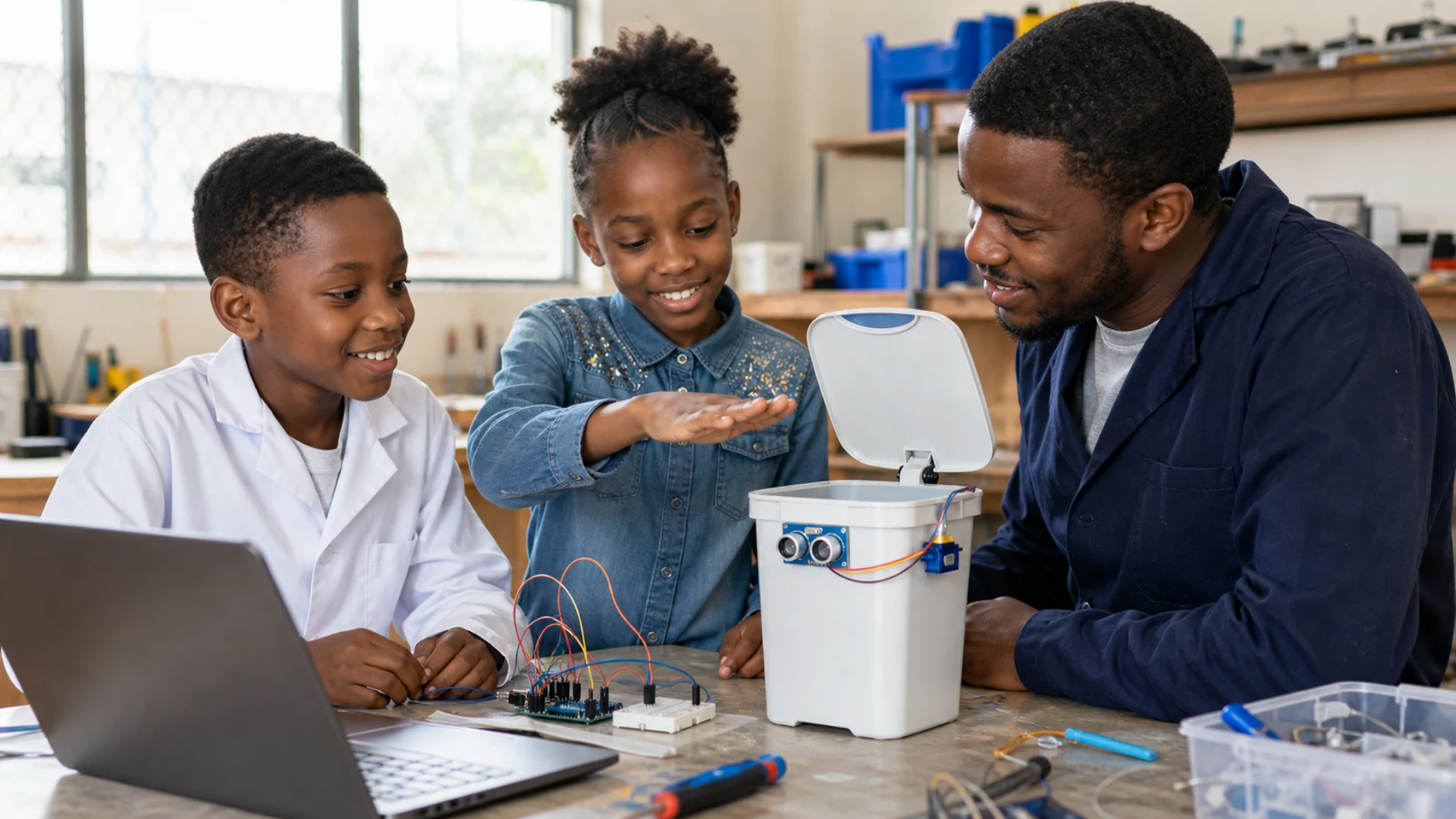 Learners testing a small automatic dustbin with an ultrasonic sensor and servo